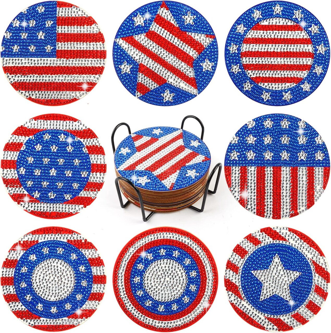 8-Piece Independence Day Diamond Painting Coasters with Holder – DIY American Flag Wooden Coaster Kit for Adults